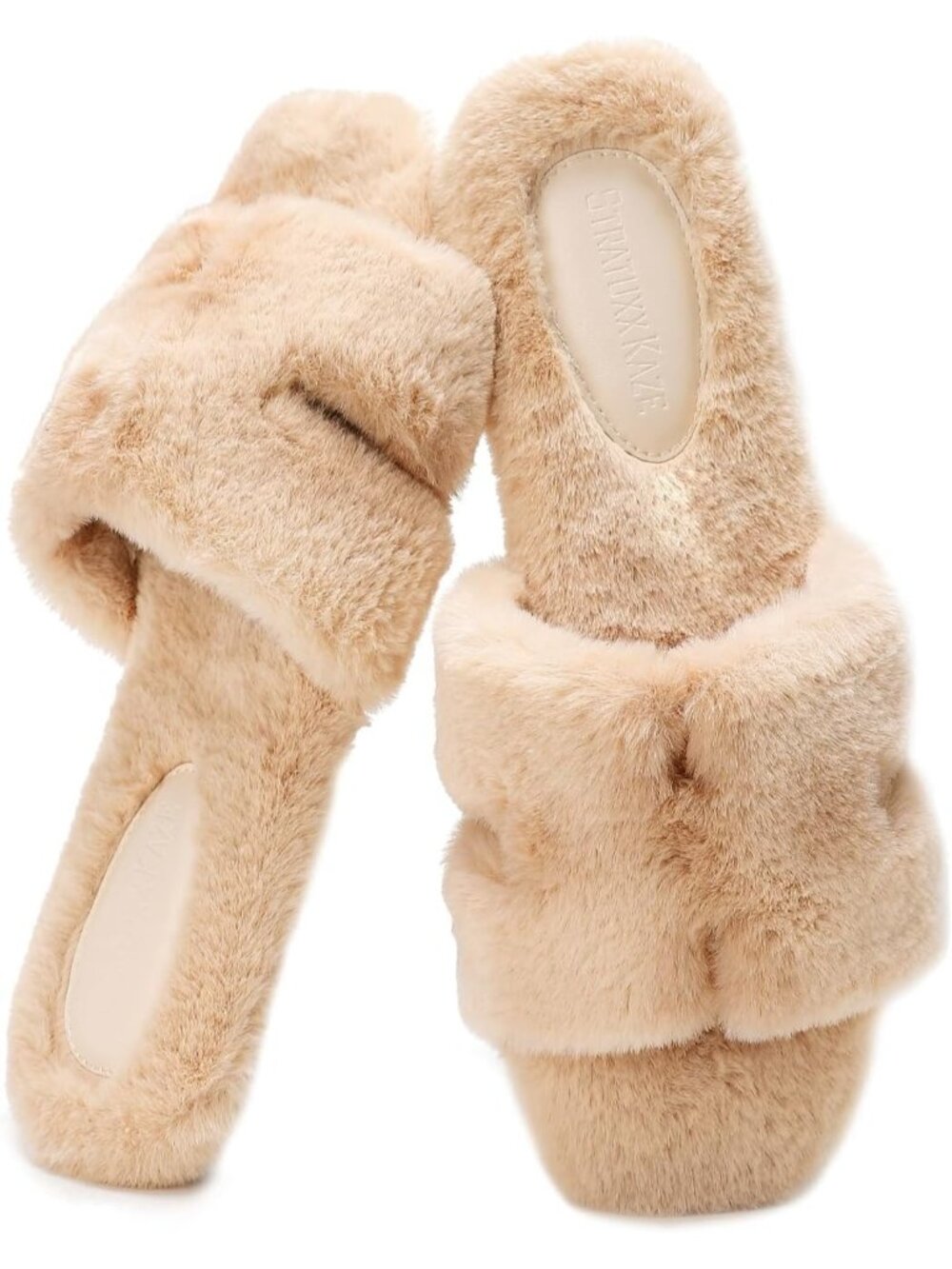 Women's White Cute Comfy Slides Faux Fur Open Toe Slip On Fuzzy Indoor Slippers